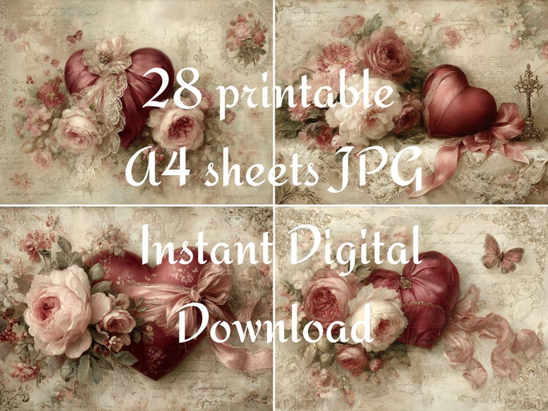 May include: A collage of four images featuring a vintage aesthetic. Each image showcases a burgundy heart adorned with a bow, surrounded by pink roses and ribbons. The text "28 printable A4 sheets JPG Instant Digital Download" is overlaid.