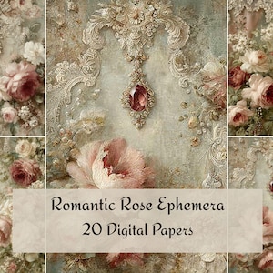Romantic Rose Ephemera 20 Vintage-Style Printables with Pearls, Ruby Pendant , Lace and Aged Parchment Background for Creative Paper Crafts