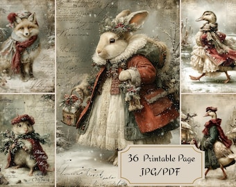 Rustieke boskerstmis, 36 vintage afdrukbare pagina's met vogels, vossen, eenden en vakantietaferelen voor tijdschriften, tags en ambachten