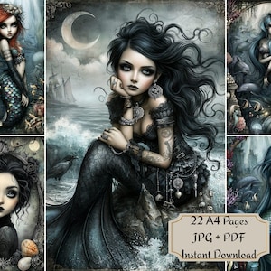 Può includere: Una collezione digitale di 22 pagine A4 in formato JPG e PDF con illustrazioni gotiche di sirene con lunghi capelli fluenti, squame scure e sfondi oceanici, incluso il testo 22 A4 Pages JPG + PDF Instant Download.
