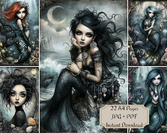 May include: A digital collection of 22 A4 pages in JPG and PDF formats featuring gothic-style illustrations of mermaids with long flowing hair, dark scales, and ocean backgrounds, including text stating 22 A4 Pages JPG + PDF Instant Download.
