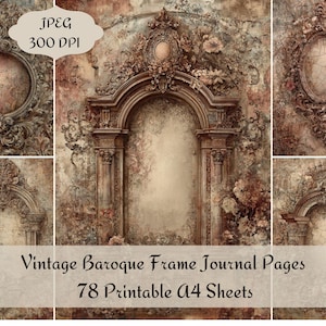 May include: Digital collage of vintage baroque frame journal pages. The image features ornate frames and architectural elements in shades of brown, beige, and red. The text on the image reads "Vintage Baroque Frame Journal Pages 78 Printable A4 Sheets".