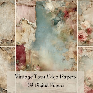 Könnte beinhalten: Eine Sammlung digitaler Vintage-Papiere mit zerrissenen Kanten, die eine Used-Optik aufweisen. Die Papiere zeigen eine gedämpfte Farbpalette aus Beige, Rosa und Blau mit floralen und abstrakten Elementen. Der Text "Vintage Torn Edge Papers" und "39 Digital Papers" ist sichtbar.