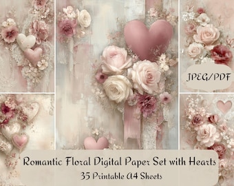 May include: A digital paper set featuring a romantic floral design with hearts. The image showcases a collage of soft pink and cream roses, with heart-shaped accents. The text reads "Romantic Floral Digital Paper Set with Hearts" and "35 Printable A4 Sheets."