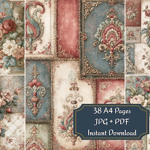May include: A digital collection of 38 A4 pages in JPG and PDF formats featuring a collage of floral patterns, damask motifs, and ornate architectural elements in shades of red, blue, cream, and green with a distressed, textured appearance.