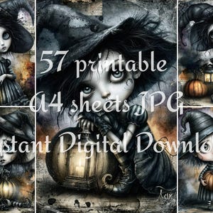 Gothic witch doll printable preview with black hats, striped dresses, pumpkins, lanterns, spiderweb textures, and moody Halloween scrapbook art.