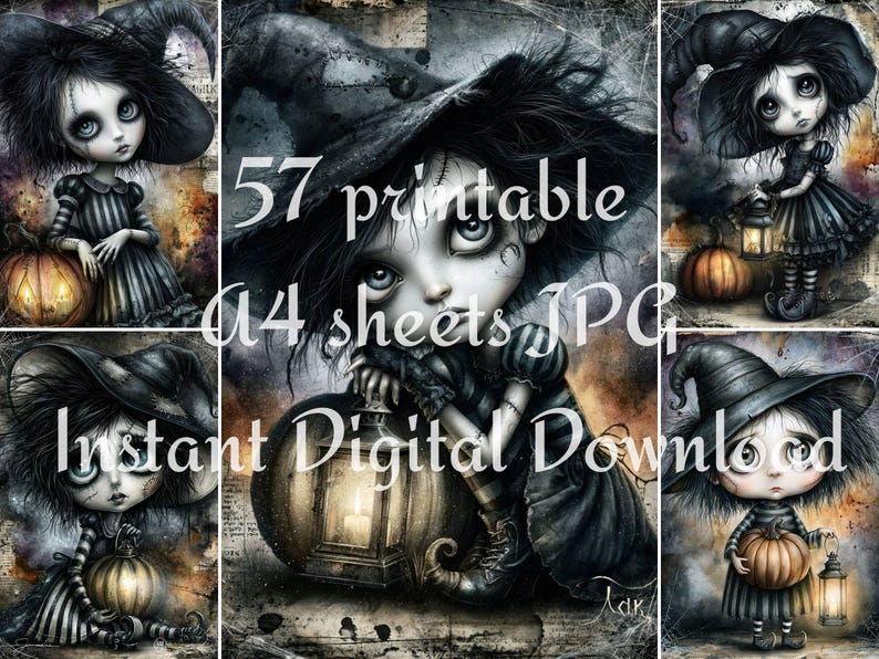 Gothic witch doll printable preview with black hats, striped dresses, pumpkins, lanterns, spiderweb textures, and moody Halloween scrapbook art.