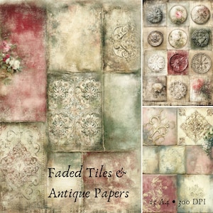May include: A collage of faded tiles and antique papers in a vintage style. The design features squares with floral and ornamental patterns in muted tones of red, green, and beige. The text "Faded Tiles & Antique Papers" is visible.