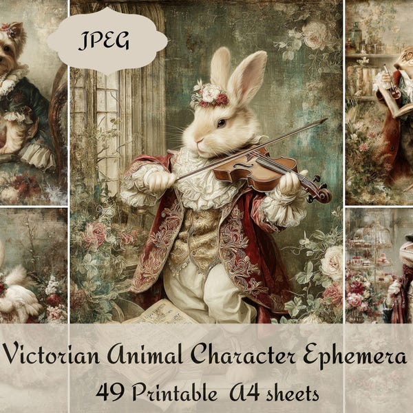 Victorian Animal Character Ephemera Pack for Junk Journals Scrapbooking Fantasy Collage Art Printable Whimsical Vintage Paper Kit