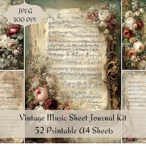 Può includere: Kit di diario di spartiti musicali vintage con 52 fogli A4 stampabili. L'immagine presenta un collage di antichi spartiti musicali, adornato con composizioni floreali di rose rosse e crema. Il testo recita "Vintage Music Sheet Journal Kit".