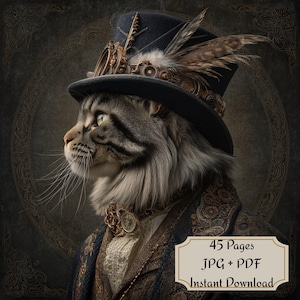 Steampunk Cat Portraits Bundle, 45 Printable JPGs, Victorian Top Hat Cats, Gothic Feline Wall Art, Whimsical Instant Digital Download