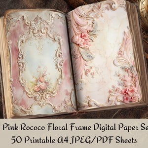May include: An open book with pink Rococo floral designs. The pages feature ornate frames and floral arrangements in shades of pink, cream, and gold. The text at the bottom reads "Pink Rococo Floral Frame Digital Paper Set".