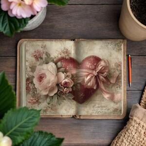 May include: An open vintage book with a heart-shaped design and floral accents. The heart is red with a floral pattern and a pink ribbon. Soft pink roses and other flowers are arranged around the heart. The book is on a dark wooden surface.