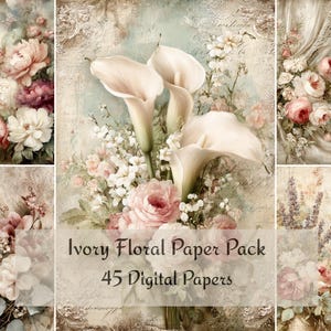 Puede incluir: Paquete de papel floral marfil con 45 papeles digitales. La imagen presenta un collage de arreglos florales en tonos suaves y apagados. Rosas, calas y otras flores están dispuestas en un estilo vintage, con una superposición de texto.