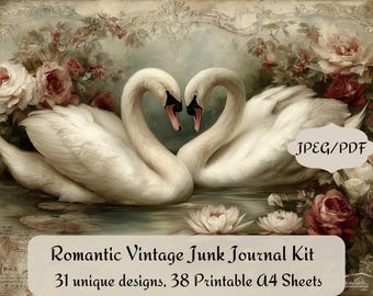 May include: A digital art print featuring two white swans with curved necks forming a heart shape. The swans are set against a backdrop of roses and foliage. Text at the bottom reads "Romantic Vintage Junk Journal Kit".