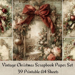 Könnte beinhalten: Vintage Weihnacht Scrapbook-Papier-Set mit floralen Arrangements, roten Schleifen, Rosen und Glocken. Das Set enthält 39 bedruckbare A4-Blätter. Die Farbgebung ist gedämpft mit Vintage-Ästhetik.