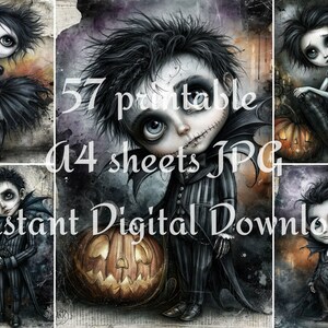 Gothic Halloween doll printable preview with creepy cute stitched characters, pumpkins, black outfits, spooky grunge backgrounds, and A4 JPG digital sheets.