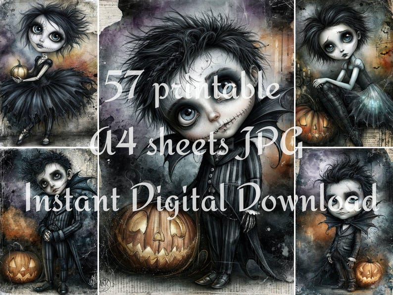 Gothic Halloween doll printable preview with creepy cute stitched characters, pumpkins, black outfits, spooky grunge backgrounds, and A4 JPG digital sheets.