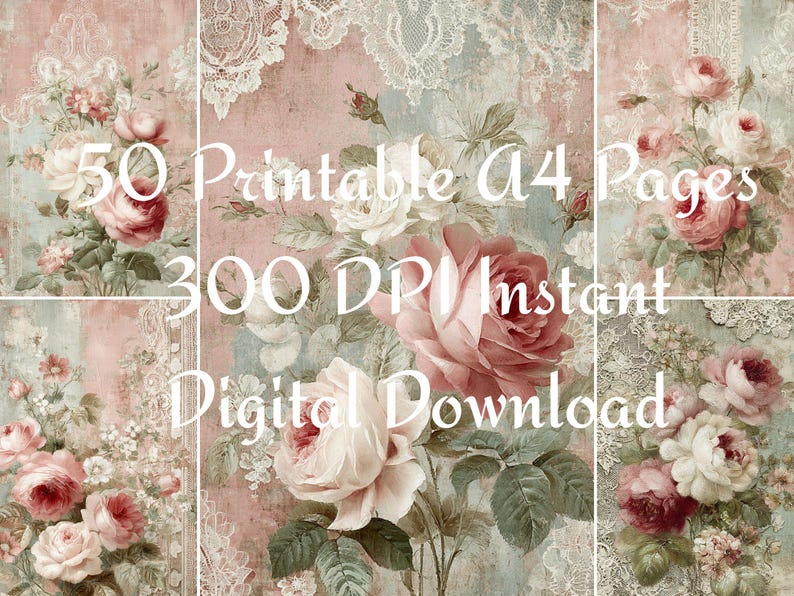50 Shabby Chic Roses Digital Papers, Floral Background Bundle With Lace ...