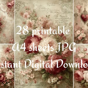 May include: Digital download featuring 28 printable A4 sheets with a vintage floral design. The image showcases a collage of roses in shades of red, pink, and cream, with decorative elements and text overlay.