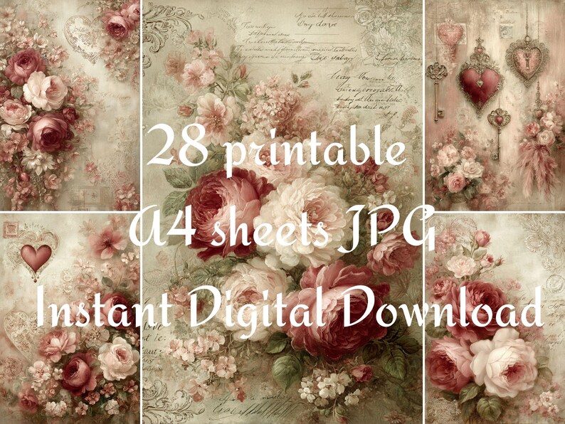 May include: Digital download featuring 28 printable A4 sheets with a vintage floral design. The image showcases a collage of roses in shades of red, pink, and cream, with decorative elements and text overlay.