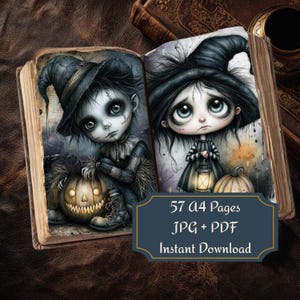 Gothic Halloween doll printable set displayed in an open vintage book, featuring creepy cute witch characters, pumpkin lanterns, dark fantasy artwork, and 57 A4 JPG PDF instant download pages for junk journals and scrapbooking.