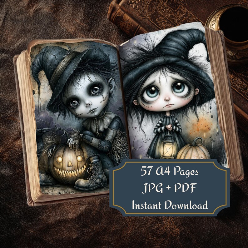 Gothic Halloween doll printable set displayed in an open vintage book, featuring creepy cute witch characters, pumpkin lanterns, dark fantasy artwork, and 57 A4 JPG PDF instant download pages for junk journals and scrapbooking.