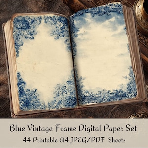 May include: An open book with aged pages featuring blue floral frame designs. The text "Blue Vintage Frame Digital Paper Set" is displayed on a white oval. The book is on a brown leather surface, with other books and a decorative object in the background.