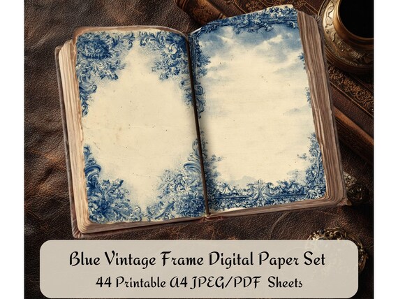 Blue Vintage Frame Digital Paper Set, 44 A4 Printable Pages JPG & PDF, Antique Border Backgrounds for Junk Journal Scrapbook Stationery