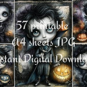Witch doll Halloween printable preview with gothic hats, pumpkins, ravens, patchwork clothing, big eyes, and vintage grunge paper backgrounds.