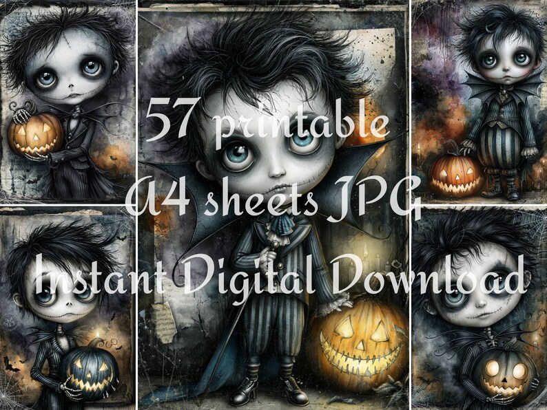 Witch doll Halloween printable preview with gothic hats, pumpkins, ravens, patchwork clothing, big eyes, and vintage grunge paper backgrounds.