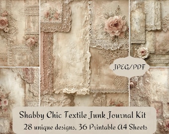 May include: A collage of textured paper designs with a vintage aesthetic. The image features floral accents, lace trim, and a soft color palette of beige, cream, and rose. Text reads "Shabby Chic Textile Junk Journal Kit" with details about the designs and sheets.