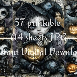 Spooky cute Halloween character printable preview with pumpkin dolls, stitched faces, bandage details, lantern glow, and gothic dark fantasy style.