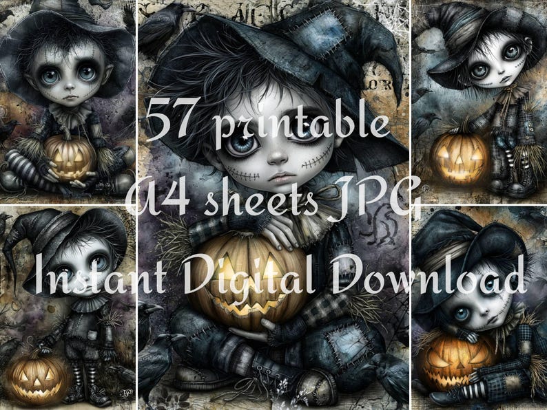 Spooky cute Halloween character printable preview with pumpkin dolls, stitched faces, bandage details, lantern glow, and gothic dark fantasy style.