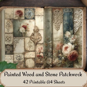 Op de afbeelding: Een open boek met een geschilderd patchwork-ontwerp met bloemen- en stenen elementen. Het ontwerp bevat rozen, sierlijke details en de tekst "Painted Wood and Stone Patchwork" en "42 Printable A4 Sheets". Een oranje pen ligt op het houten oppervlak.