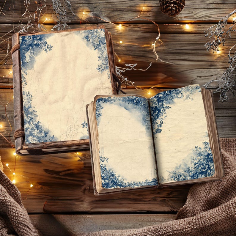 May include: Two antique-style journals with aged paper pages and blue floral designs. One journal is open, revealing blank pages, while the other is closed. The journals are on a wooden surface, with warm lighting and a cozy aesthetic.