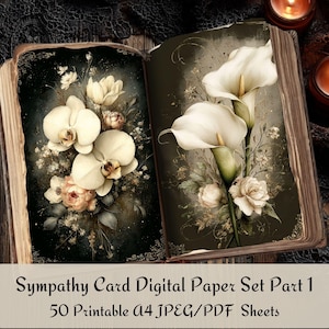 May include: Open book with floral illustrations of orchids and calla lilies. The pages feature a dark background with cream and pink flowers. The text at the bottom reads "Sympathy Card Digital Paper Set Part 1".