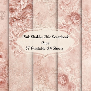 Può includere: Carta per scrapbook rosa shabby chic con disegni floreali e vintage. L'immagine mostra fogli A4 con rose, peonie e altri motivi floreali nei toni del rosa e del crema. Il testo recita "Pink Shabby Chic Scrapbook Paper 37 Printable A4 Sheets."