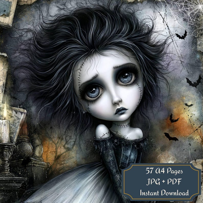 Gothic Halloween doll printable page featuring a creepy cute stitched girl with big eyes, messy black hair, dark dress, candle, bats, spiderwebs, moody grunge background, and 57 A4 JPG PDF instant download sheets for junk journals and scrapbooking.