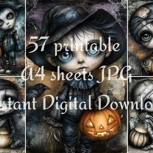 Creepy cute scarecrow and gothic doll printable preview with patched hats, pumpkins, stitched faces, ravens, spiderwebs, and dark Halloween colors.