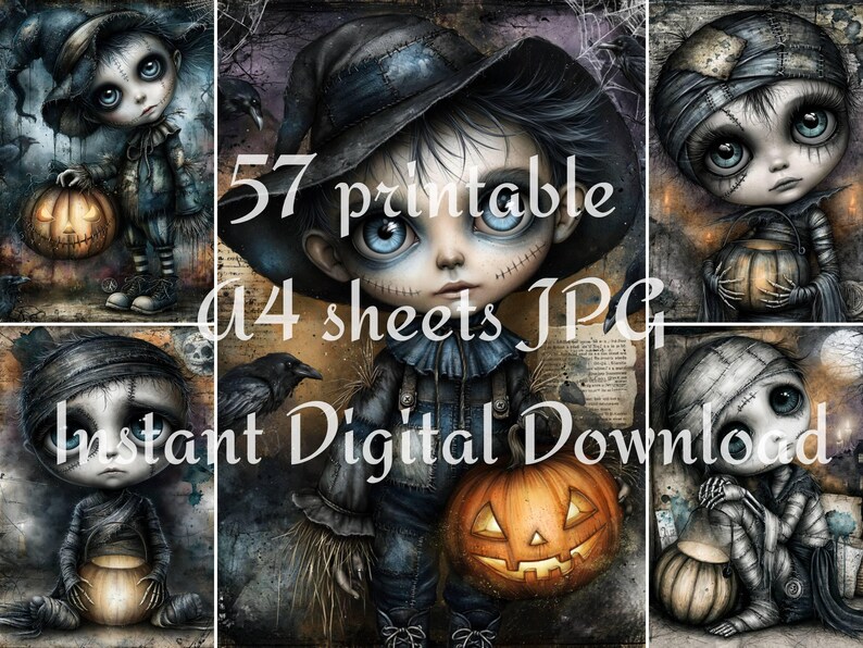 Creepy cute scarecrow and gothic doll printable preview with patched hats, pumpkins, stitched faces, ravens, spiderwebs, and dark Halloween colors.