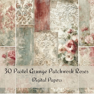 May include: A collage of digital papers with a pastel grunge aesthetic. The design features floral and damask patterns in shades of pink, cream, and blue. The text "30 Pastel Grunge Patchwork Roses Digital Papers" is displayed.