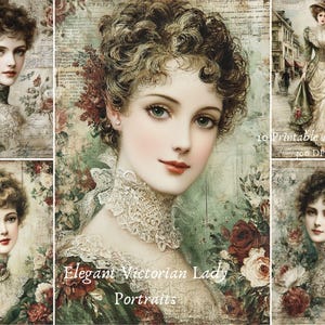 Puede incluir: Un collage de retratos vintage con elegantes damas victorianas. Las imágenes muestran mujeres con peinados elaborados, cuellos de encaje y detalles florales. La paleta de colores incluye verdes suaves, rojos y cremas, con el texto "Elegant Victorian Lady Portraits."