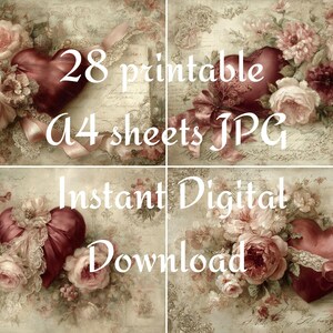 May include: Digital download featuring four images with floral arrangements, heart-shaped accents, and the text "28 printable A4 sheets JPG Instant Digital Download." The images have a vintage aesthetic.