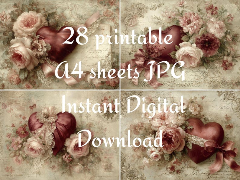 May include: Digital download featuring four images with floral arrangements, heart-shaped accents, and the text "28 printable A4 sheets JPG Instant Digital Download." The images have a vintage aesthetic.