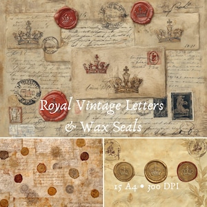 May include: A collage of vintage letters, stamps, and wax seals. The letters feature crowns and red wax seals. The text "Royal Vintage Letters & Wax Seals" is displayed in white. The overall theme is regal.