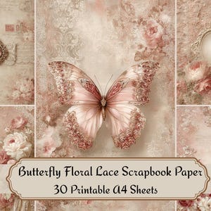Papel para álbum de recortes con encaje floral de mariposas, 46 hojas imprimibles tamaño A4, fondos vintage rosa estilo shabby chic para diarios, collages, manualidades y proyectos DIY.