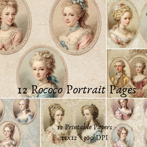 Puede incluir: Un collage de páginas de retratos rococó con ilustraciones vintage de mujeres y hombres en marcos ovalados. Los retratos son en colores pastel, con el texto "12 Rococo Portrait Pages" y "12 Printable Papers 12X12" 300 DPI".