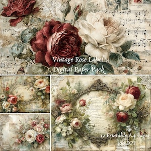 May include: Digital paper pack with vintage rose labels. The image presents a collage of floral designs with roses in red, cream, and pink. The background incorporates musical notes and aged paper textures. The text reads "Vintage Rose Label Digital Paper Pack" and "12 Printable A4 Pages."