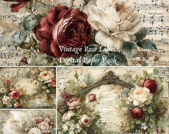Vintage Rose Label Paper Pack A4 Digital Ephemera 12 JPG Sheets Printable Floral Frames Junk Journal Shabby Chic Collage Backgrounds
